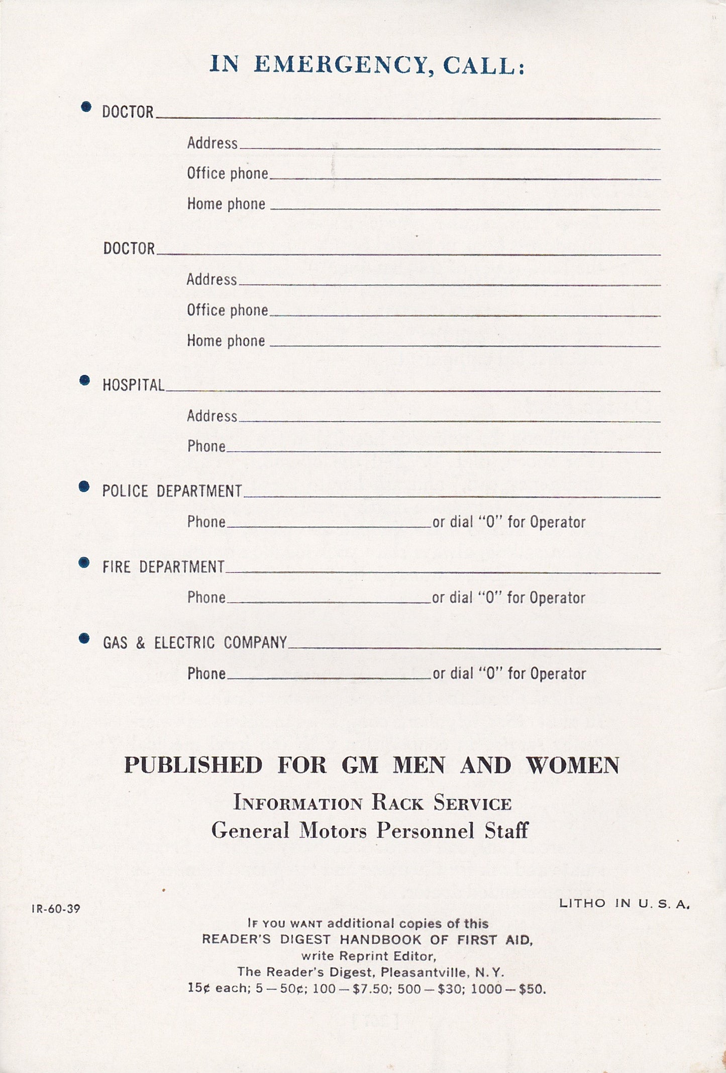 Vintage GM Pamphlet - Reader's Digest Handbook of First Aid (1960)
